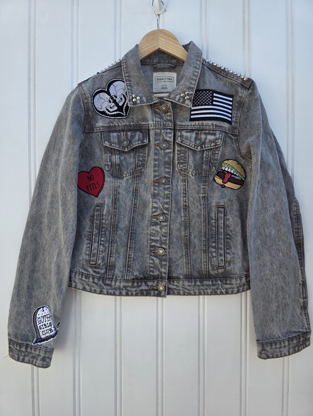 Ardene Eightytwo Grey Acid Wash Denim Goth Skull Patch Jacket XL